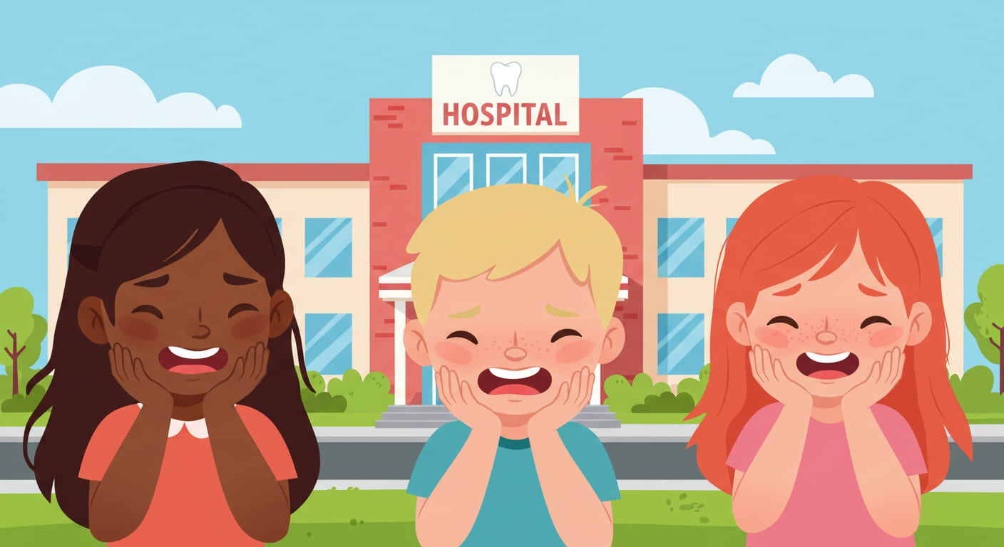 Children with toothache in front of a hospital